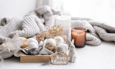 Happy Easter background with pastel-colored decor details.