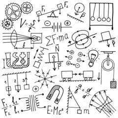 Phisics symbols icon set. Science subject doodle design. Education and study concept. Back to school sketchy background for notebook, not pad, sketchbook. Hand drawn illustration. - 483892878