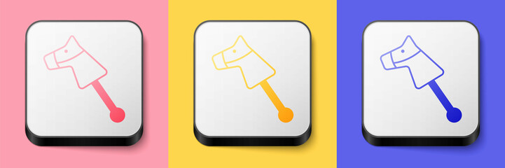 Isometric Toy horse icon isolated on pink, yellow and blue background. Square button. Vector
