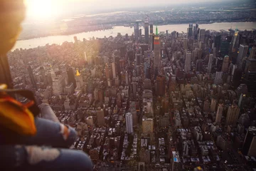  helikopterview van New York City en Manhattan. Concept over gebouwen en oriëntatiepunten © oneinchpunch