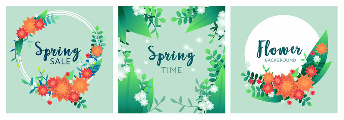 Spring Time. Tender green background with flowers, leaves, plants. Illustration for banner, social media post, web site and flyers