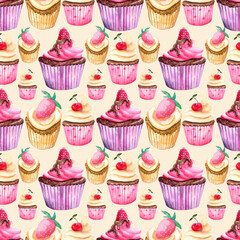 Watercolor seamless pattern with sweet dessert elements. Cupcakes with berries on a beige background.