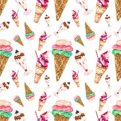 Seamless pattern on a white background with ice cream in waffle cones. Seamless watercolor design with sweet dessert