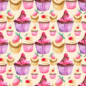 Watercolor seamless pattern with sweet dessert elements. Cupcakes with berries on a beige background.
