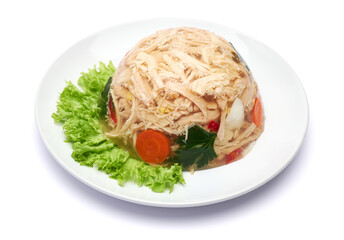 Delicious chicken aspic on a plate isolated on white background