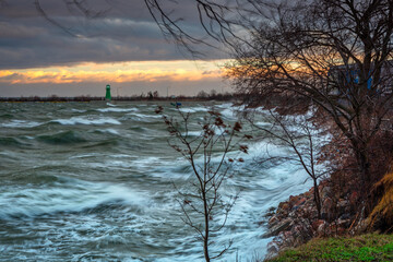 Storm on the Baltic Sea at sunset, Gdansk. Poland - obrazy, fototapety, plakaty