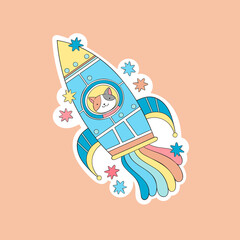 Cosmonaut cat. Rocket - spaceship. Cartoon character. Stars print. Isolated vector object. 