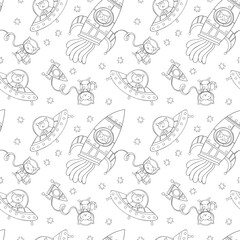 Cosmonaut cat. Rocket - spaceship. Flying saucer - aliens. Cartoon character. Stars print. Seamless vector pattern (background).