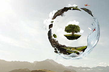 Fototapeta premium Green sphere landscape with grass and clear water