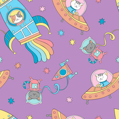 Cosmonaut cat. Rocket - spaceship. Flying saucer - aliens. Cartoon character. Stars print. Seamless vector pattern (background). 