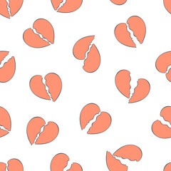 Broken heart. Heart symbol. Cartoon print. Seamless vector pattern (background). 
