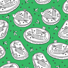 Canned. Fish. Sprats in butter. Cartoon print. Seamless vector pattern (background).