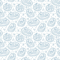 Canned. Fish. Sprats in butter. Cartoon print. Seamless vector pattern (background).