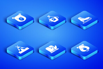 Set Beaver animal, Bear head, Christmas mitten, Indian teepee or wigwam, Maple syrup and Skates icon. Vector