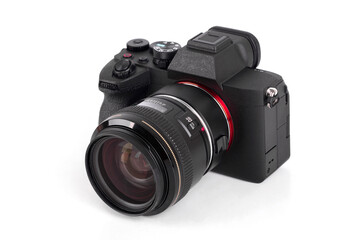 Black DSLR Camera isolated on white background