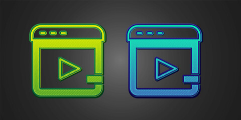 Green and blue Video advertising icon isolated on black background. Concept of marketing and promotion process. Responsive ads. Social media advertising. Vector
