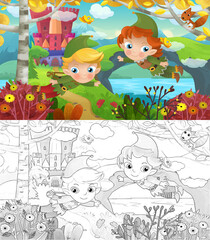 Fototapeta premium cartoon scene with forest elf and castle illustration