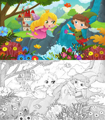 cartoon scene forest elf prince and princess and castle
