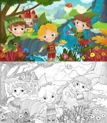 cartoon scene with forest elf and castle illustration