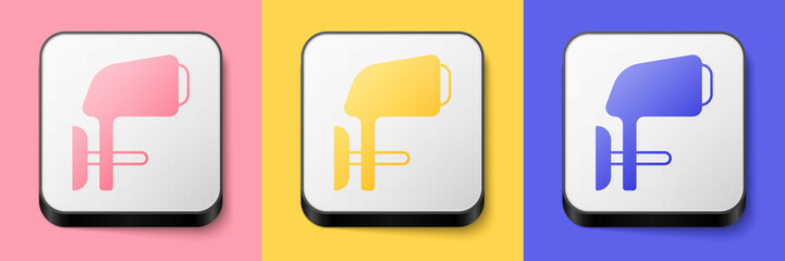 Isometric Outboard boat motor icon isolated on pink, yellow and blue background. Boat engine. Square button. Vector