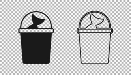 Black Fishing bucket with fish icon isolated on transparent background. Fish in a bucket. Vector