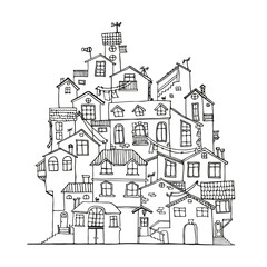 Doodle house hand drawn in black and white. Scandinavian cartoon ink houses. Home icon or logo. Adult coloring page. Vector Illustration.