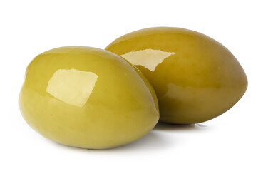 Pile of green olives on white background