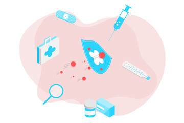 Landing page of vaccination website. Immunization campaign. Health care and protection. Isometric medical treatment. Flat vector illustration for for medical web icons, UI, mobile application, posters