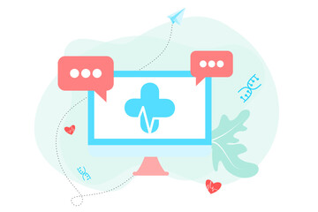 Online health tele medicine flat illustration. Online medical healthcare consultation and treatment via application of computer connected internet clinic. Online ask doctor consultation technology.