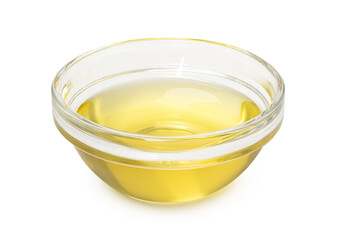 Small bowl with olive oil isolated on white background