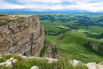 View of the mountains and the Bermamyt plateau in the Karachay-Cherkess Republic, Russia.