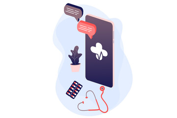 Online health tele medicine flat illustration. Online medical healthcare consultation and treatment via application of computer connected internet clinic. Online ask doctor consultation technology.