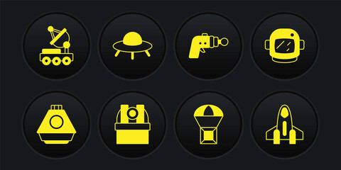 Set Space capsule, Astronaut helmet, Astronomical observatory, Box flying parachute, Ray gun, UFO spaceship, Rocket and Mars rover icon. Vector