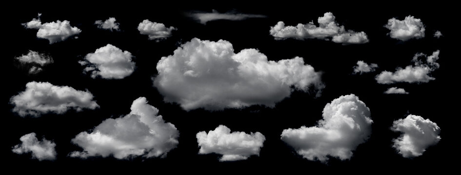 Clouds set isolated on black background. White cloudiness, mist or smog background.