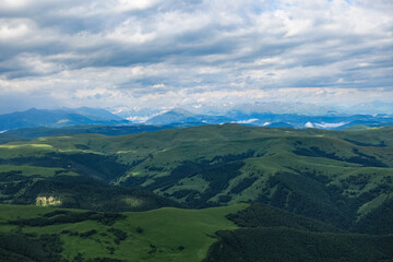 View of the mountains and the Bermamyt plateau in the Karachay-Cherkess Republic, Russia.