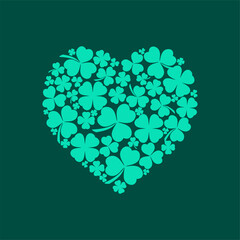 Happy St. Patricks Day heart shaped clover leaves. Logos and emblems for invitations, cards. Vector illustration.