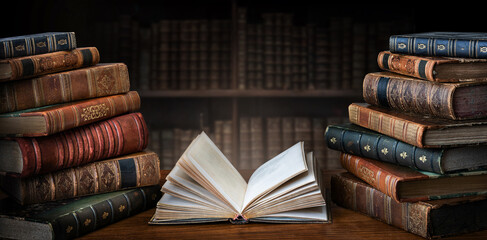 Old books on wooden desk in old library. Ancient books historical background. Conceptual background...