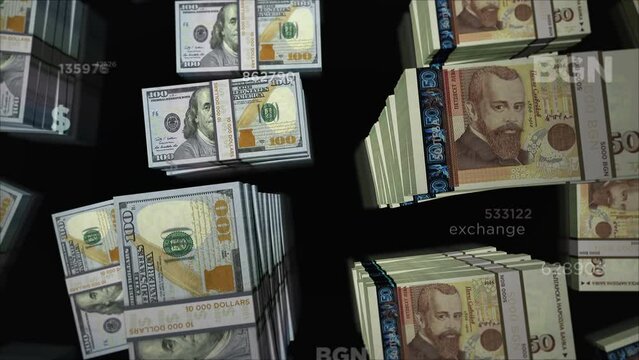 American Dollar and Bulgaria Lev money exchange. Banknotes pack bundle. Concept of trade, economy, competition, crisis, banking and finance. Notes loopable seamless 3d.