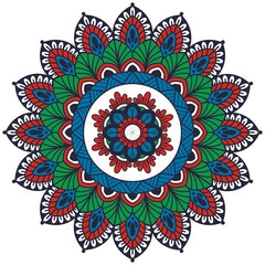 Round gradient mandala on white isolated background. Vector boho mandala in green, blue and red colors. Mandala with floral patterns. Yoga template
