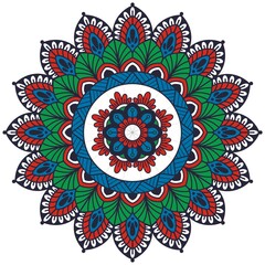 Round gradient mandala on white isolated background. Vector boho mandala in green, blue and red colors. Mandala with floral patterns. Yoga template