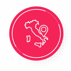 White line Map of Italy icon isolated on white background. Red circle button. Vector