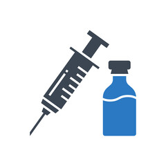 Vaccine related vector glyph icon. Syringe and container with vaccine. Vaccine sign. Isolated on white background. Editable vector illustration