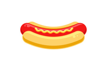 Appetizing tasty hot dog sausage bun with mustard vector flat illustration. Unhealthy hotdog traditional American fast food cafe restaurant menu isolated. Takeaway meal with sauce lunch snack
