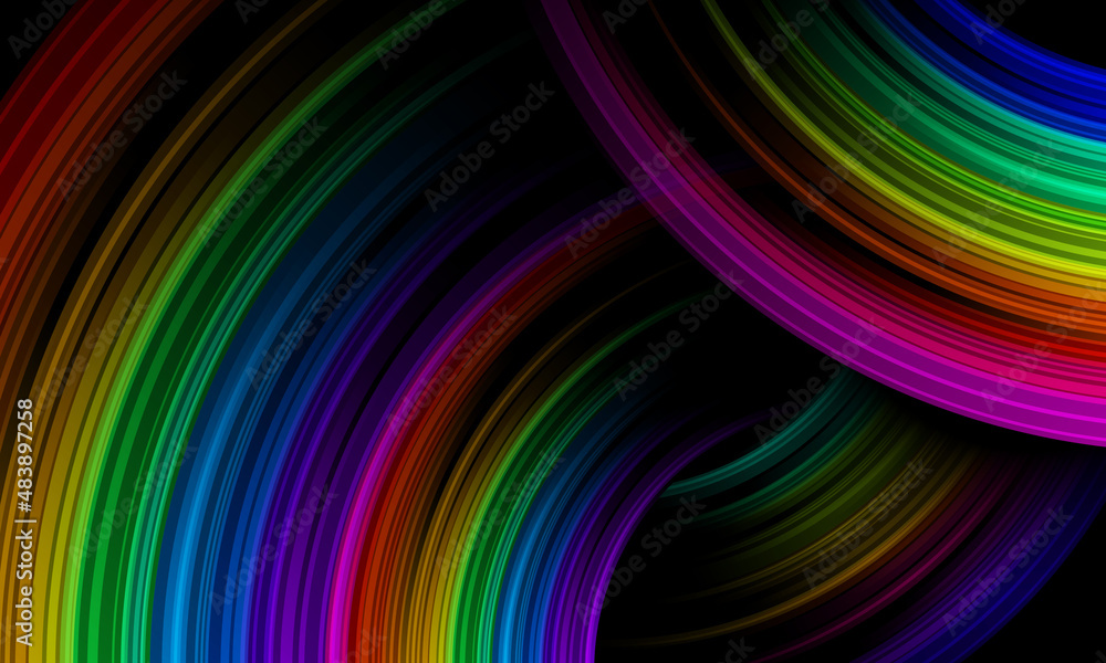Poster abstract curve rainbow color motion light are overlap on dark background vector design