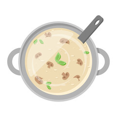 Cooking appetizing mushrooms cream soup in pan with ladle top view vector flat illustration. Vegetarian liquid dish with champignon dairy and greenery recipe menu prepare. Healthy delicious food