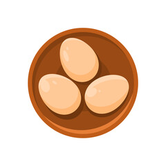 Boiled or uncooked eggs in shell at bowl top view vector flat illustration. Cooked protein organic food hen natural farm product isolated. Fragile nourishment edible ingredient for cooking omelet