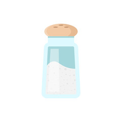 Sea salt powder in transparent glass bottle for comfortable sprinkle vector flat illustration. Mineral condiment crystal seasoning in container for storage and cooking. Natural white salty taste spice