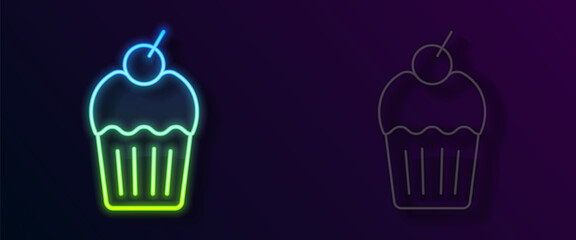 Glowing neon line Muffin icon isolated on black background. Vector