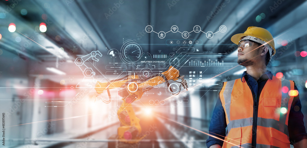 Aufkleber Technical Industrial Engineer working and control robotics with monitoring system software and industry network connection on modern interface. AI, Artificial Intelligence, Automation robot arm.