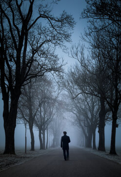 Lonely man walking on foggy avenue